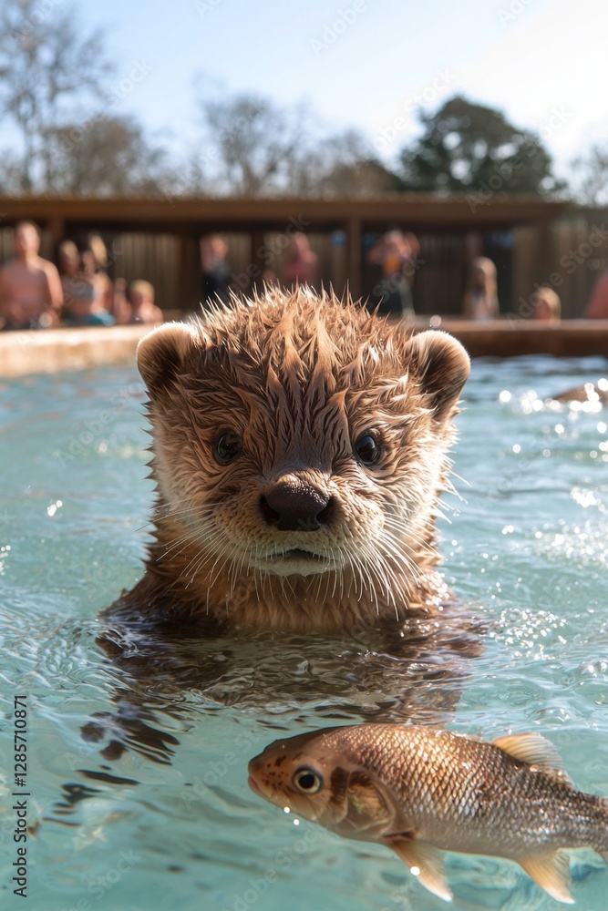 Fototapeta premium A baby otter swimming in a pool with a fish in its mouth