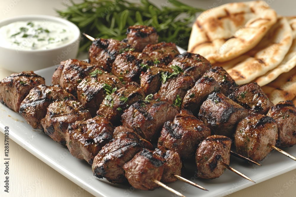 Grilled lamb kebabs with garlic sauce home kitchen food photography cozy dining area close-up culinary delight Grilled lamb kebabs with garlic sauce home kitchen food photography cozy dining area close-up culinary delight