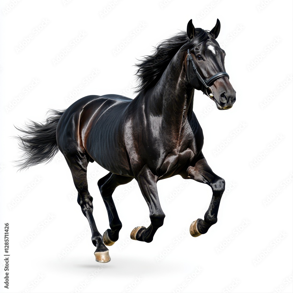 Naklejka premium Majestic black horse galloping gracefully on a pure white background with dynamic motion and powerful presence