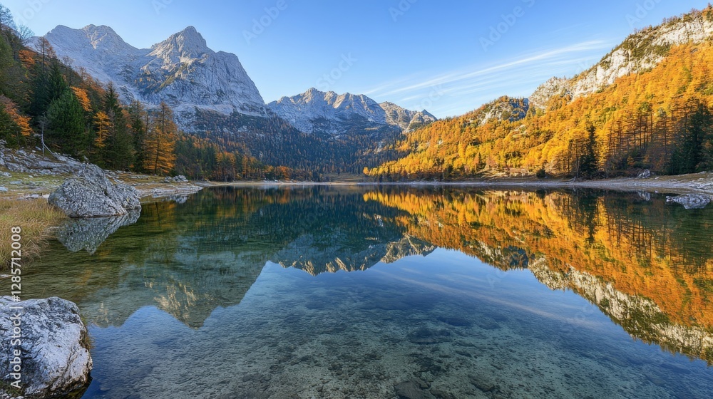 Fototapeta premium Autumnal mountain lake, serene reflection, fall colors