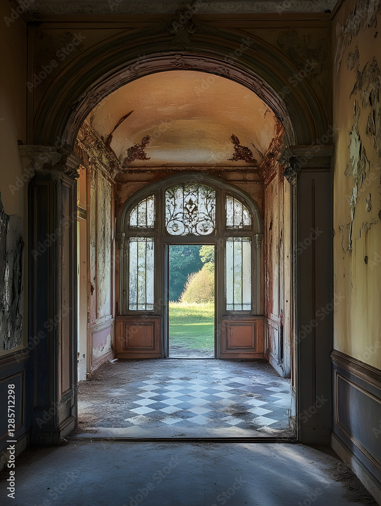Abandoned Elegant Hallway in Old Mansion with Sunlight Illuminating Arched Entrance : Generative AI Abandoned Elegant Hallway in Old Mansion with Sunlight Illuminating Arched Entrance : Generative AI