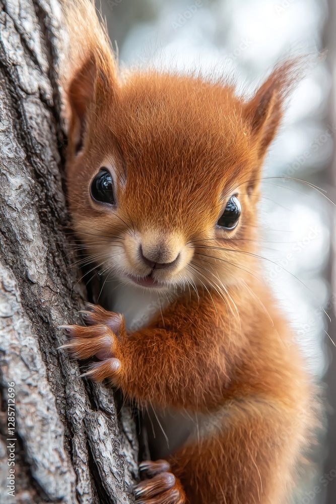 Fototapeta premium A small red squirrel peeking out from behind a tree