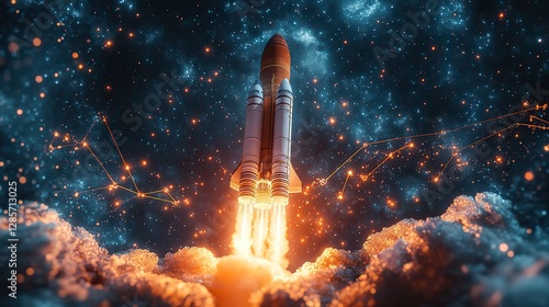 This image depicts a modern rocket taking off with a graph depicting success and growth, symbolizing innovation and exploration in the field of space technology
