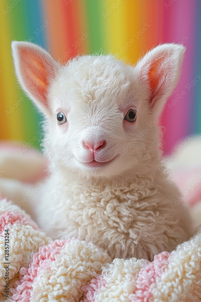 Fototapeta premium A small white lamb laying on top of a blanket