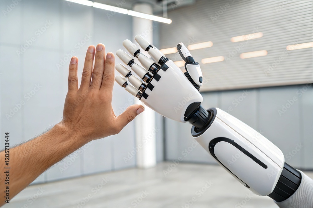 Human Hand and Robotic Arm High-Five in Modern Setting Human Hand and Robotic Arm High-Five in Modern Setting