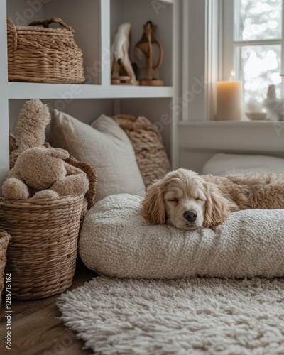 A cozy living space featuring a sleeping dog surrounded by soft decor and natural light.