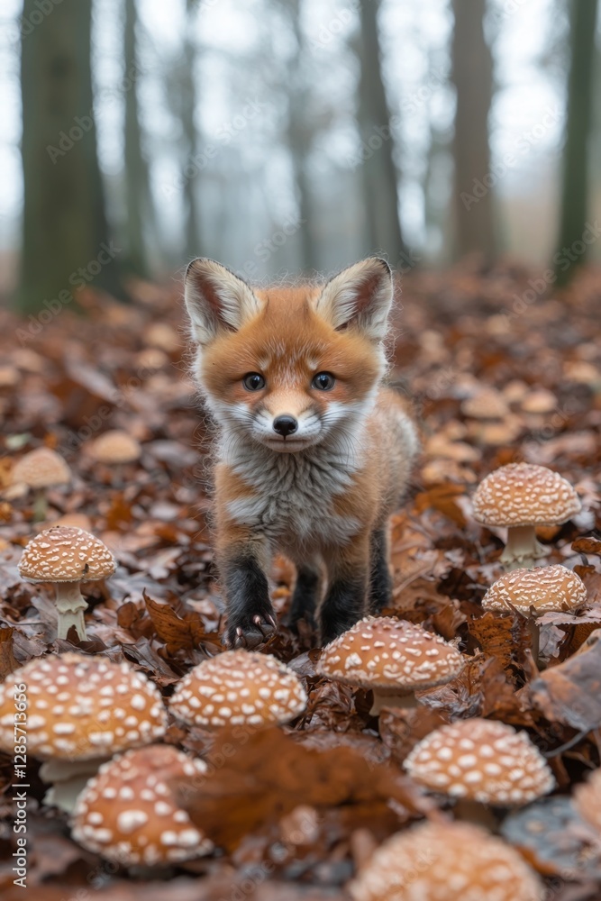 Obraz premium A small red fox standing in the middle of a forest surrounded by mushrooms