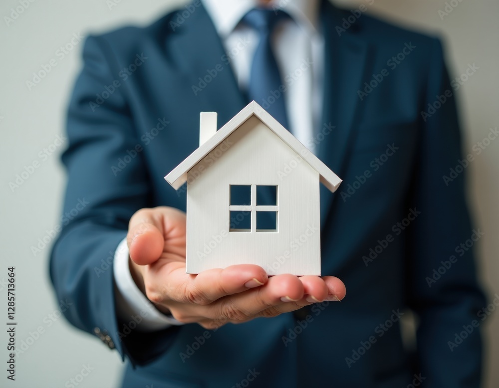 Businessman Offering House Model, Real Estate, Home Ownership, New Home Businessman Offering House Model, Real Estate, Home Ownership, New Home