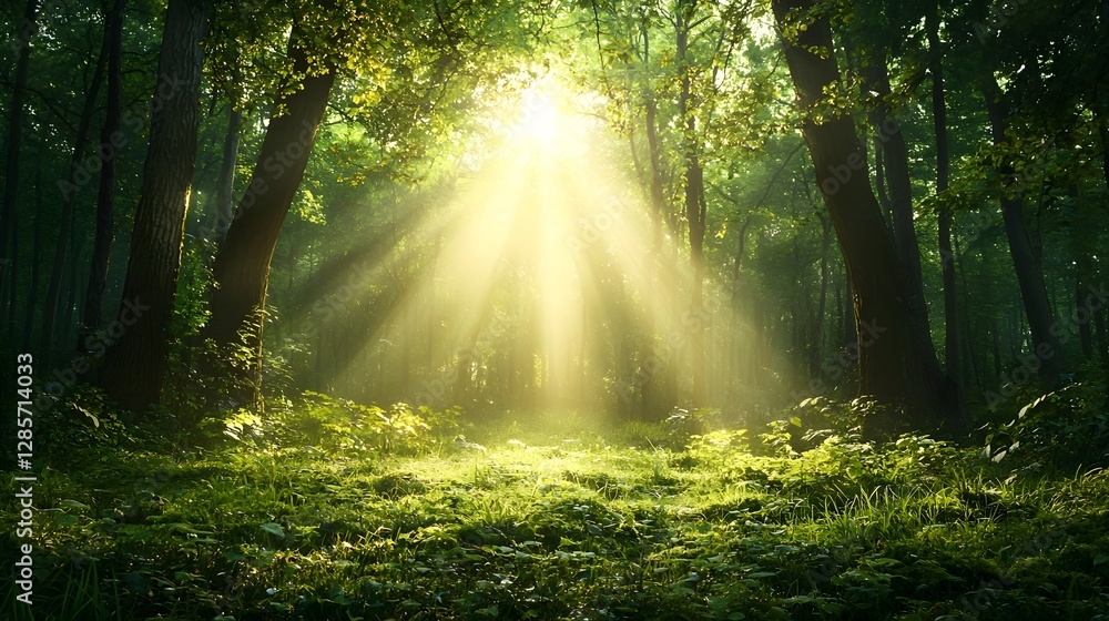 Obraz premium Breathtaking photograph of an enchanted forest at sunrise with beams of warm light breaking through the lush tree branches and highlighting the serene misty atmosphere for a magical