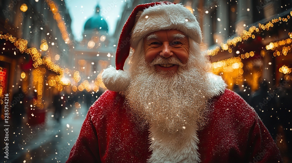 This image portrays a modern Santa Claus in a festive city at night, adding a contemporary twist to the traditional Christmas icon This image portrays a modern Santa Claus in a festive city at night, adding a contemporary twist to the traditional Christmas icon