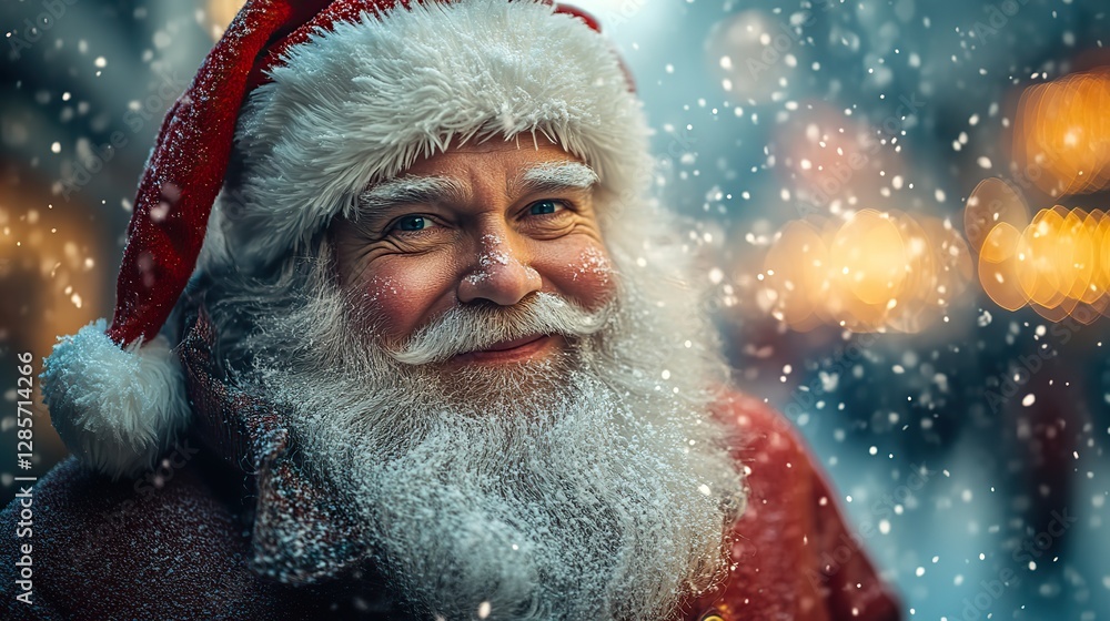 This image portrays a modern Santa Claus in a festive city at night, adding a contemporary twist to the traditional Christmas icon This image portrays a modern Santa Claus in a festive city at night, adding a contemporary twist to the traditional Christmas icon
