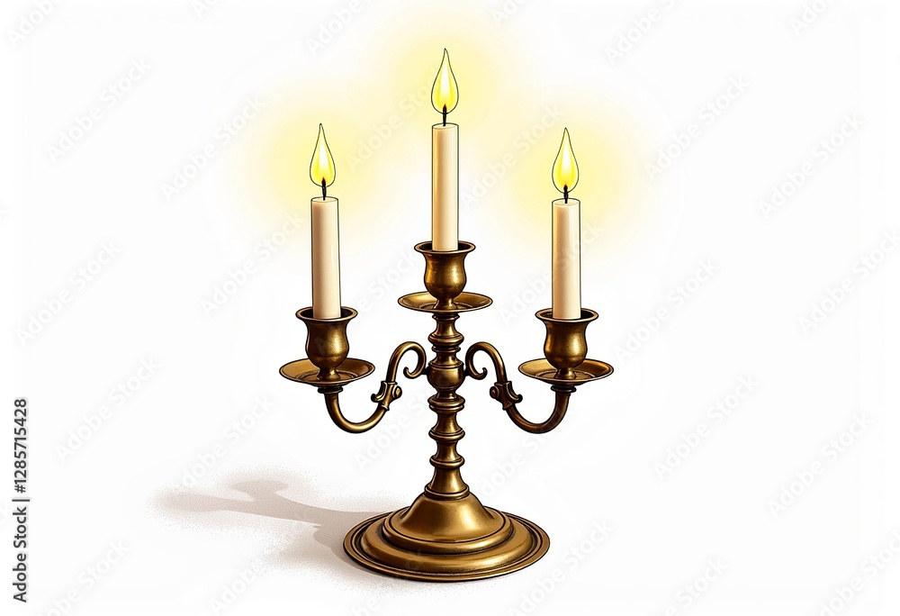 Brass Candelabra Illustration: Realistic Depiction of 3-Candle Holder Casting Soft Light, Detailed Candles on White Background, Vintage Event Decor.
Brass Candelabra Illustration: Realistic Depiction of 3-Candle Holder Casting Soft Light, Detailed Candles on White Background, Vintage Event Decor.