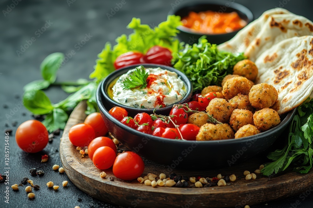 Delicious mediterranean mezze platter with hummus and tzatziki culinary delight kitchen gourmet close-up healthy eating Delicious mediterranean mezze platter with hummus and tzatziki culinary delight kitchen gourmet close-up healthy eating