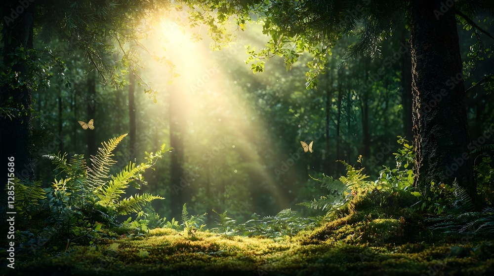 Obraz premium Serene forest scene bathed in soft morning light with sunbeams creating a magical glow on the moss covered ground Peaceful and tranquil natural landscape with a dreamlike ethereal atmosphere