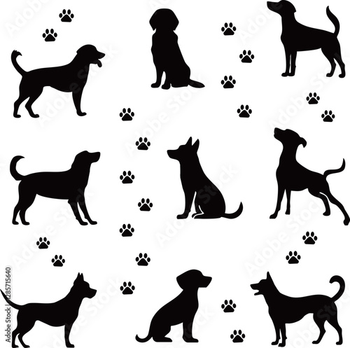 犬のシルエットと肉球のセット
