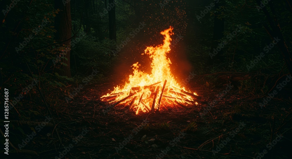 Campfire blaze glows vividly against a dark forest backdrop Campfire blaze glows vividly against a dark forest backdrop