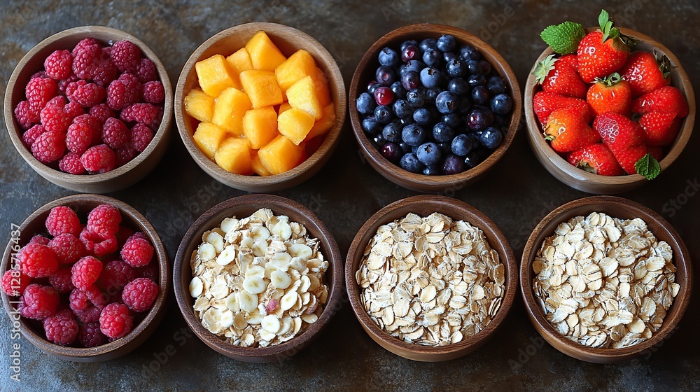 This image shows a variety of healthy breakfast ingredients, including oats, fruits, and berries, arranged on a table. This image shows a variety of healthy breakfast ingredients, including oats, fruits, and berries, arranged on a table.