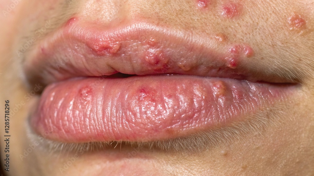 Obraz premium Close-up of herpes simplex outbreak with painful blisters on lip. Visible redness, swelling, and fluid-filled vesicles. Detailed texture showing inflamed skin around affected area