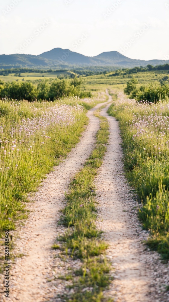 Obraz premium Country road winding through fields towards hills