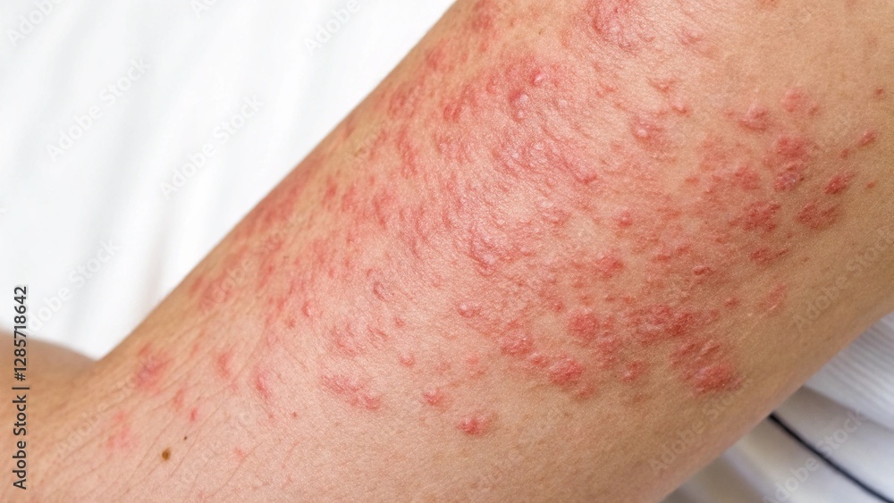 Fototapeta premium Close-up of hives (urticaria) showing red, raised welts with swollen edges on irritated skin. Visible inflammation and uneven skin surface