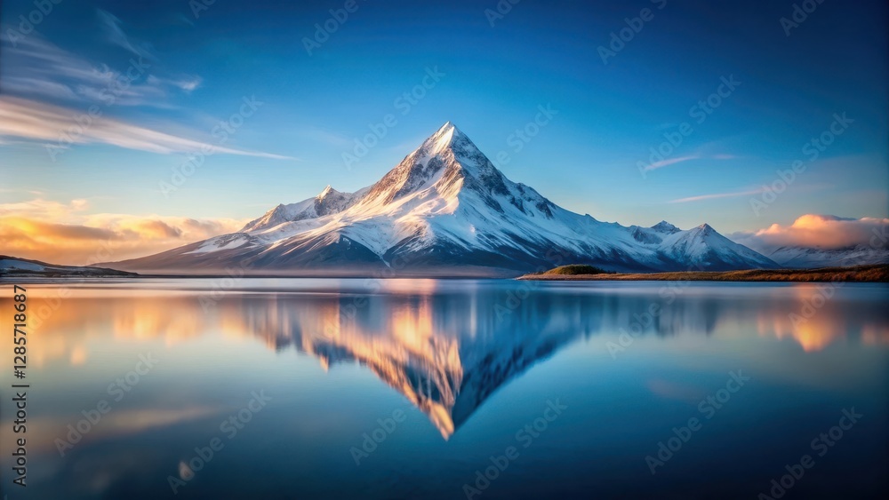 Naklejka premium Serene Mountain Lake Reflection at Sunrise A Breathtaking Panorama of a Majestic Peak Mirrored in Tranquil Waters