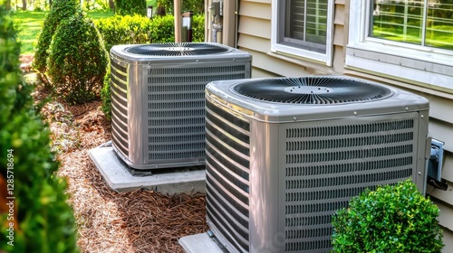 Residential HVAC Air Conditioning Compressor and Condenser Units Outdoors in Backyard