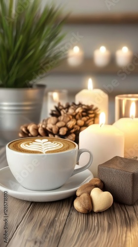Wallpaper Mural cozy coffee warm candlelight, Warm Coffee Drink with Pine Cones and Candles on Wooden Tabletop Torontodigital.ca