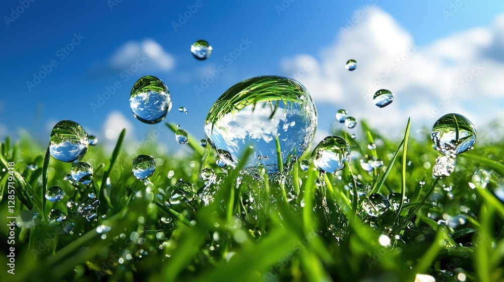 Dew Drops on Green Grass Leaves Under Blue Sky with Sunlight Dew Drops on Green Grass Leaves Under Blue Sky with Sunlight