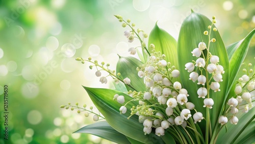 A Delicate Bouquet of Lily of the Valley Flowers with Lush Green Foliage Against a Soft, Blurred Green Background