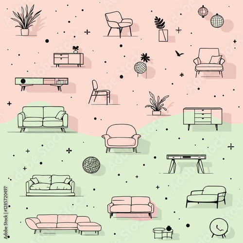a collection of furniture and home decor items, including couches, chairs, tables, and plants, all depicted in a simple line drawing style against a pink and green background.