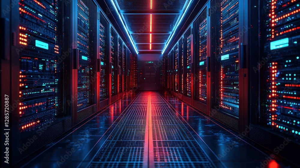 Obraz premium Server room illuminated by striking red and blue lights creating a unique technological atmosphere