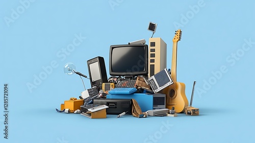 Retro Tech & Music Pile: A 3D Render on a Blue Background AI Generated
