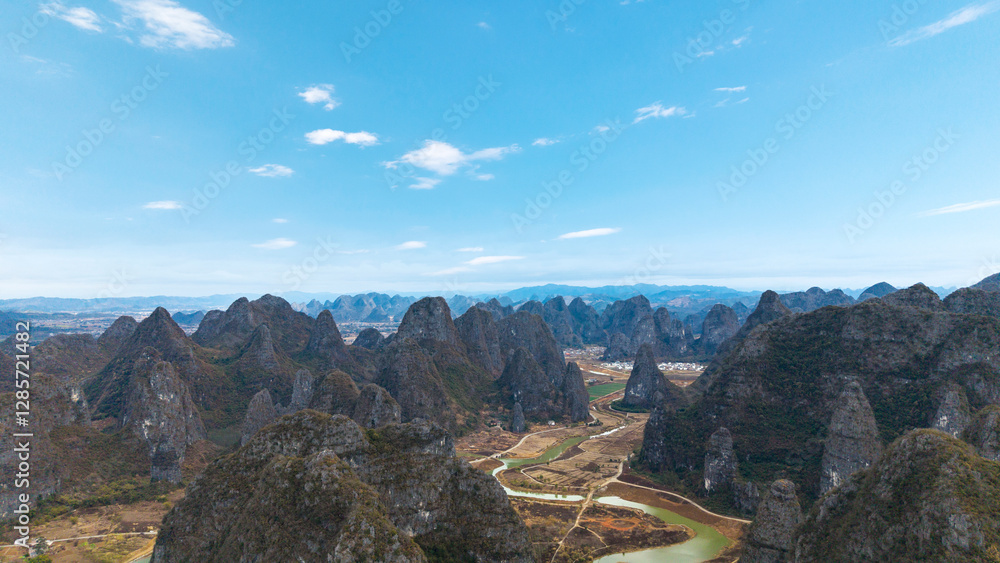 Rural scenery and karst landforms in Hezhou, Guangxi, China