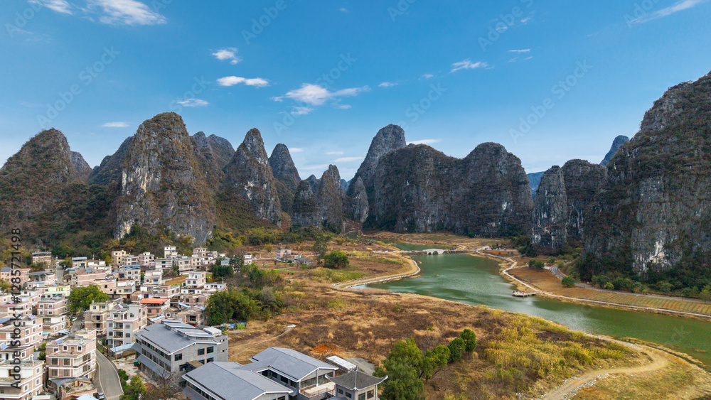 Rural scenery and karst landforms in Hezhou, Guangxi, China
