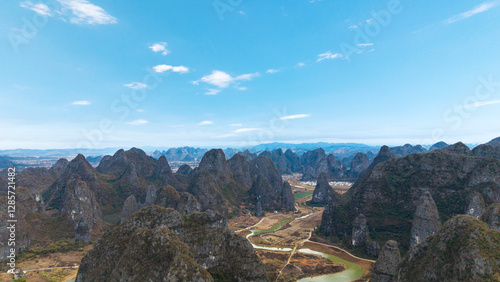Rural scenery and karst landforms in Hezhou, Guangxi, China