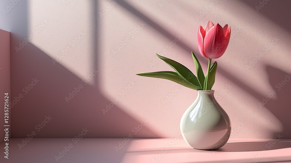 A vase with a single pink tulip in it sitting on a shelf A vase with a single pink tulip in it sitting on a shelf