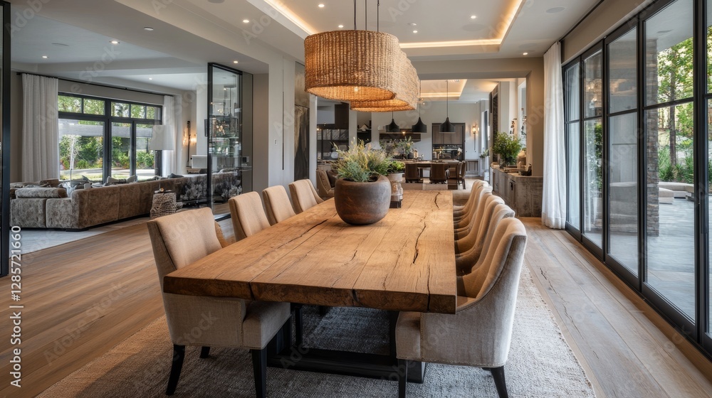 A spacious dining room boasts a massive wooden table surrounded by plush, beige-brown armchairs. Beyond the dining area, the cozy living room is visible. A spacious dining room boasts a massive wooden table surrounded by plush, beige-brown armchairs. Beyond the dining area, the cozy living room is visible.