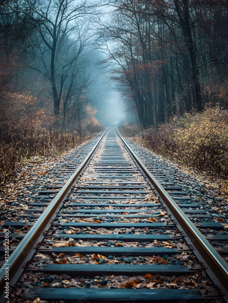 Fototapeta premium Serene railway tracks through misty forest captured during tranquil morning : Generative AI