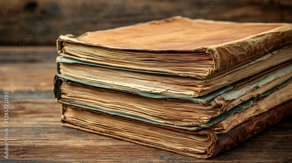 A stack of old books with weathered covers and pages reflecting a sense of history and knowledge A stack of old books with weathered covers and pages reflecting a sense of history and knowledge