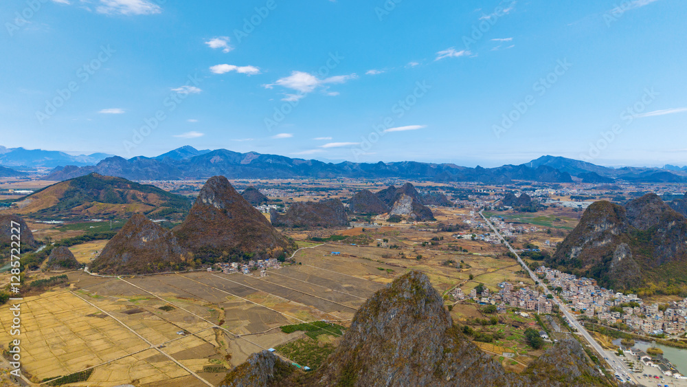Rural scenery and karst landforms in Hezhou, Guangxi, China