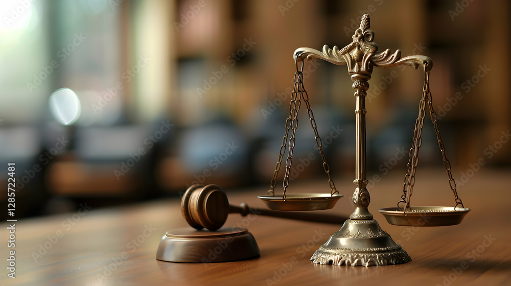 A polished wooden courtroom table featuring a classic gavel and scales of justice, symbolizing law A polished wooden courtroom table featuring a classic gavel and scales of justice, symbolizing law
