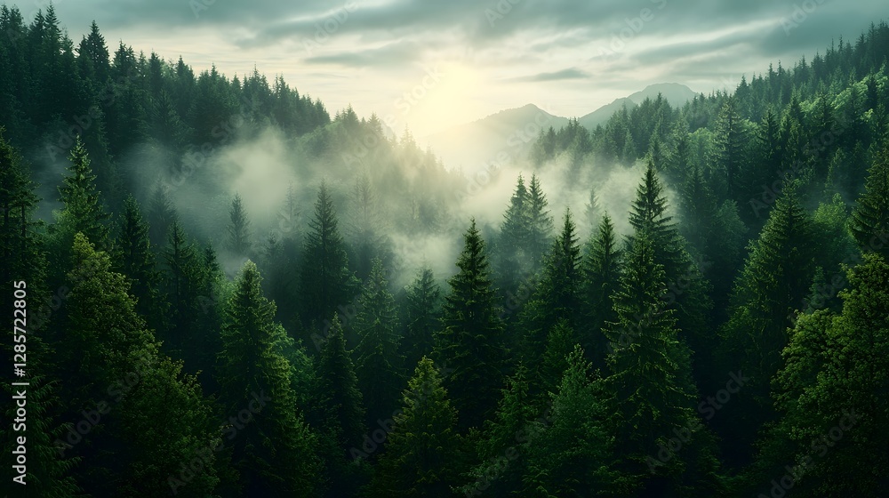 Fototapeta premium Misty Mountain Valley Filled with Lush Pine Forests and Soft Sunlight Breathtaking Scenic Landscape with Peaceful Tranquil Atmosphere and Copy Space