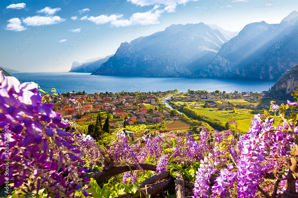 Town of Torbole and Lago di Garda sunset view