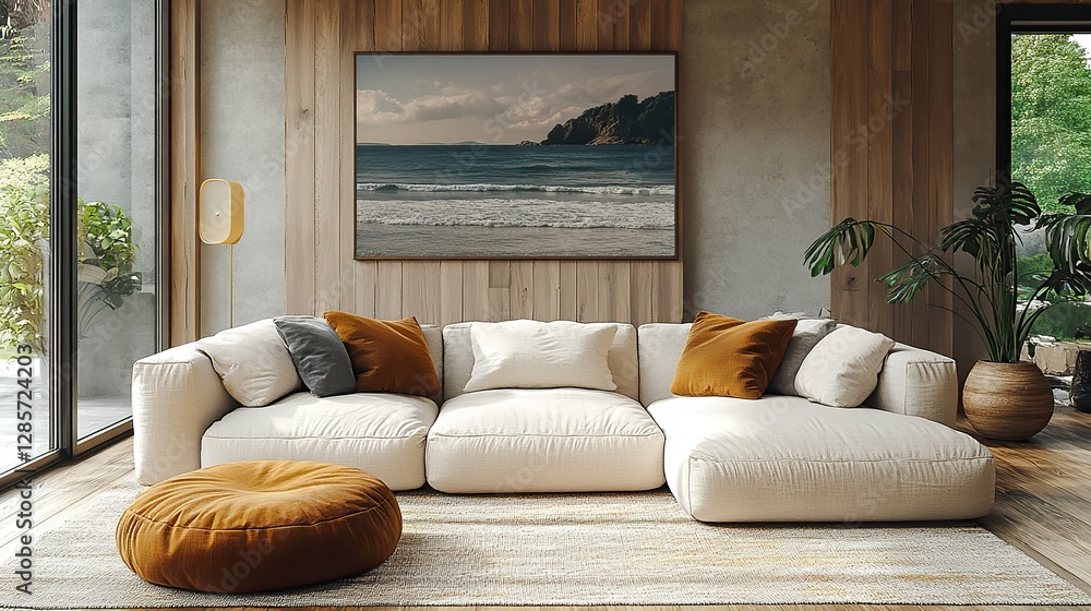 Fototapeta premium This modern living room features a stylish sofa, art, and decor, creating a space that is both elegant and inviting