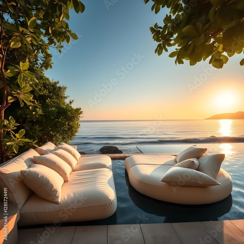 Espacio chill-out en un resort de lujo con camas flotantes y vista al atardecer. photo