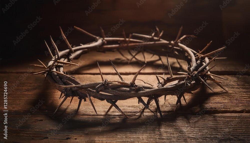 A close-up of a weathered wooden surface with a hand-woven crown of thorns resting on it. The rough texture of the wood and sharp thorns evoke a sense of solemnity and sacrifice. A close-up of a weathered wooden surface with a hand-woven crown of thorns resting on it. The rough texture of the wood and sharp thorns evoke a sense of solemnity and sacrifice.