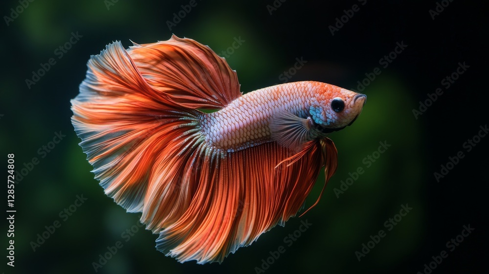 Fototapeta premium Watch the graceful dance of a vibrant betta fish, its fins flowing like a delicate silk scarf. The Siamese fighter moves with a rhythmic elegance, showcasing its beauty against a dark canvas.