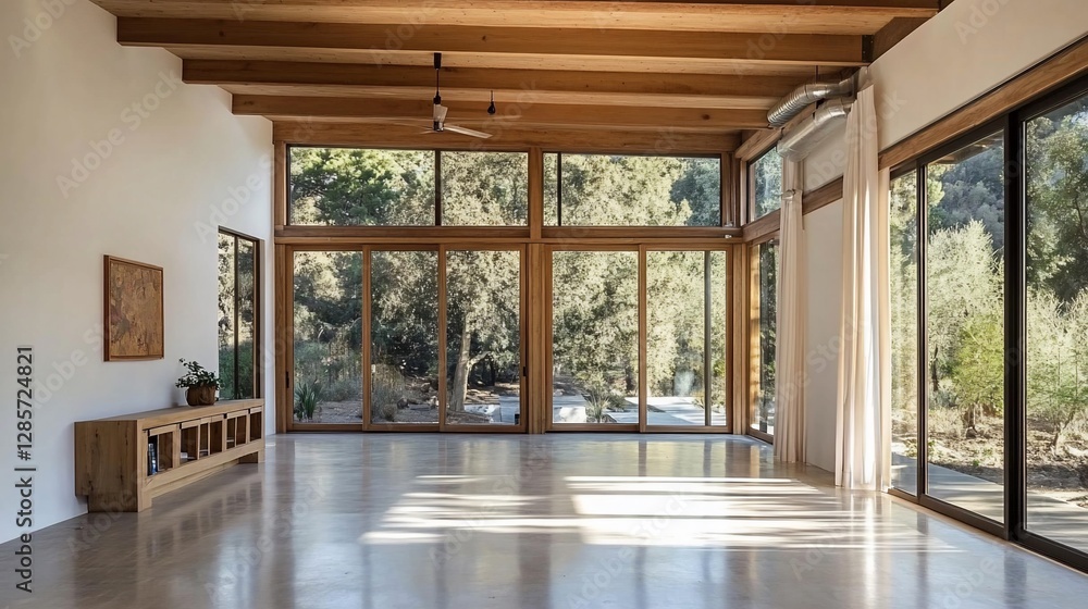 Obraz premium Spacious room with wooden beams and large windows overlooking trees and nature outdoors