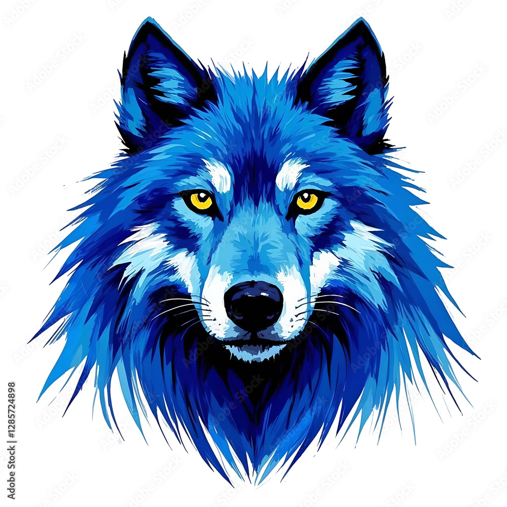 Naklejka premium stylized illustration of a wolf's head featuring vibrant blue and black colors, with sharp facial features and intense yellow eyes
