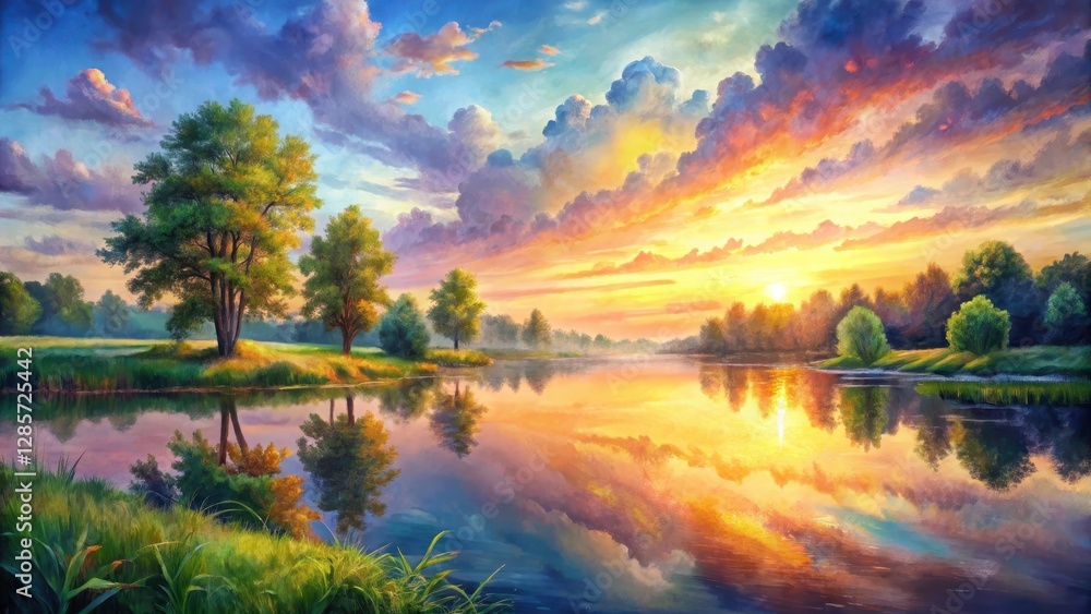 Obraz premium Serene Sunset Over a Tranquil River with Majestic Trees Reflecting in Calm Waters